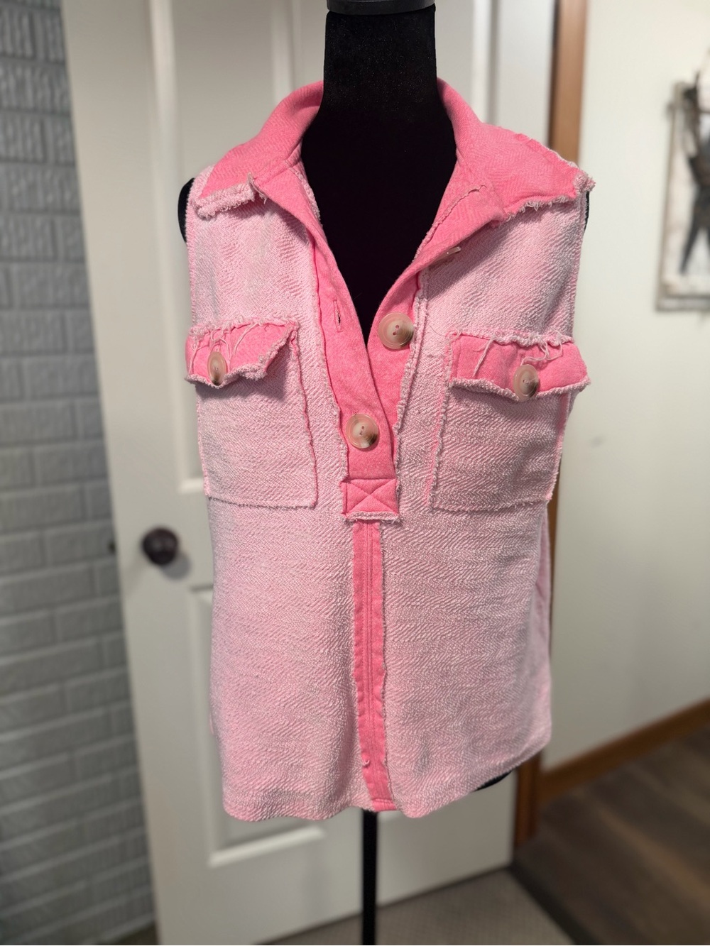 Bucket List Pink Terry Cloth Sleeveless Pullover Top Small EUC Raw Edge